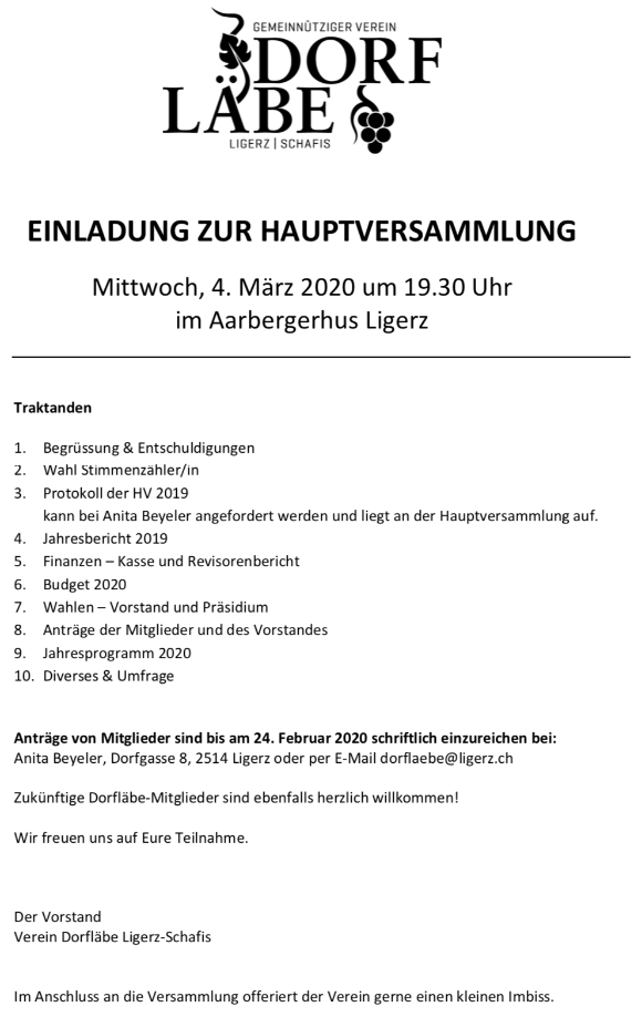 Hauptversammlung am 4. März 2020 um 19.30 Uhr im Aarbergerhus Ligerz