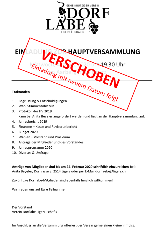Hauptversammlung am 4. März 2020 um 19.30 Uhr im Aarbergerhus Ligerz